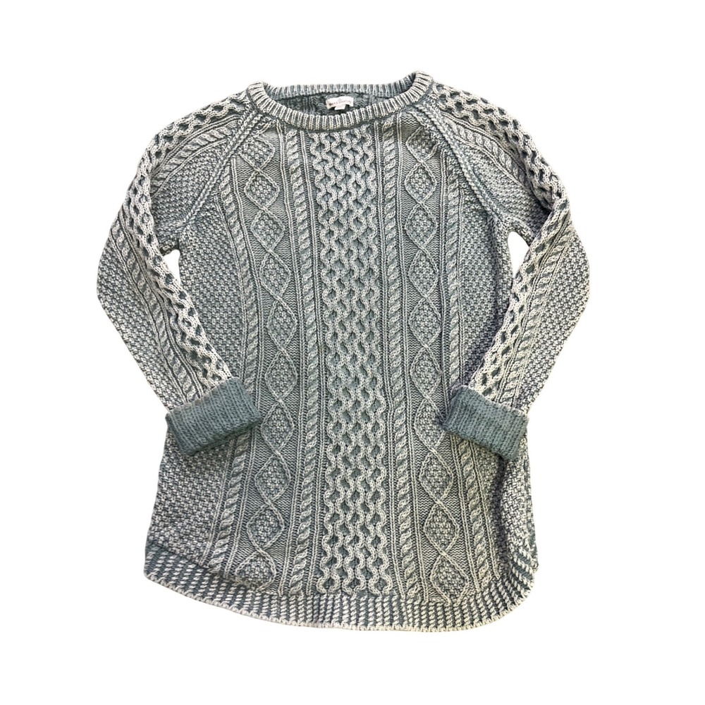 LL Bean Signature Women Large Blue Cable Knit Fisherman Sweater Tunic Cotton